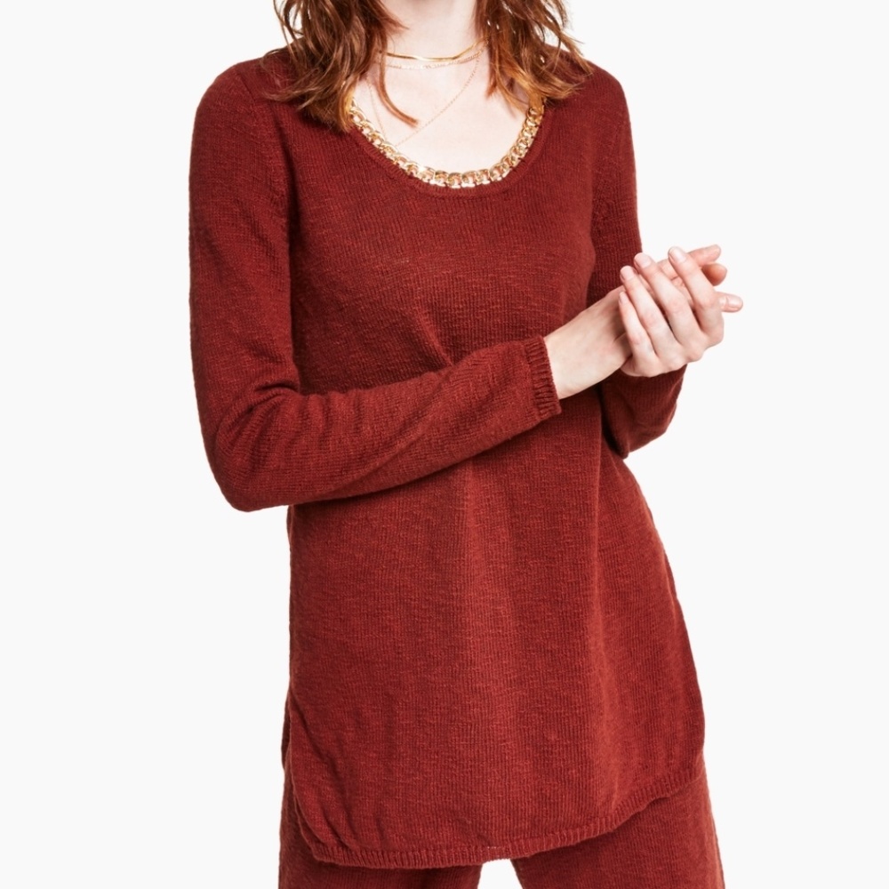 INC Womens Small Textured Sweater Brown Gold Tone Chain Embellished Ribbed Trim